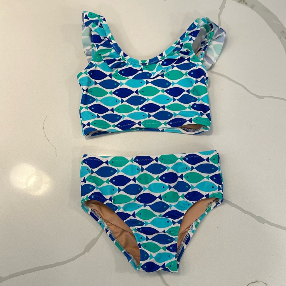 J crew crewcuts girls 2 piece bikini bathing suit blue green white fish size 2T